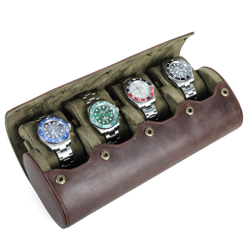 Leather Watch Box with Four Compartments, Handmade Genuine Leather, Egg-Shaped, Portable, Mechanical and Electronic Watch Storage Case