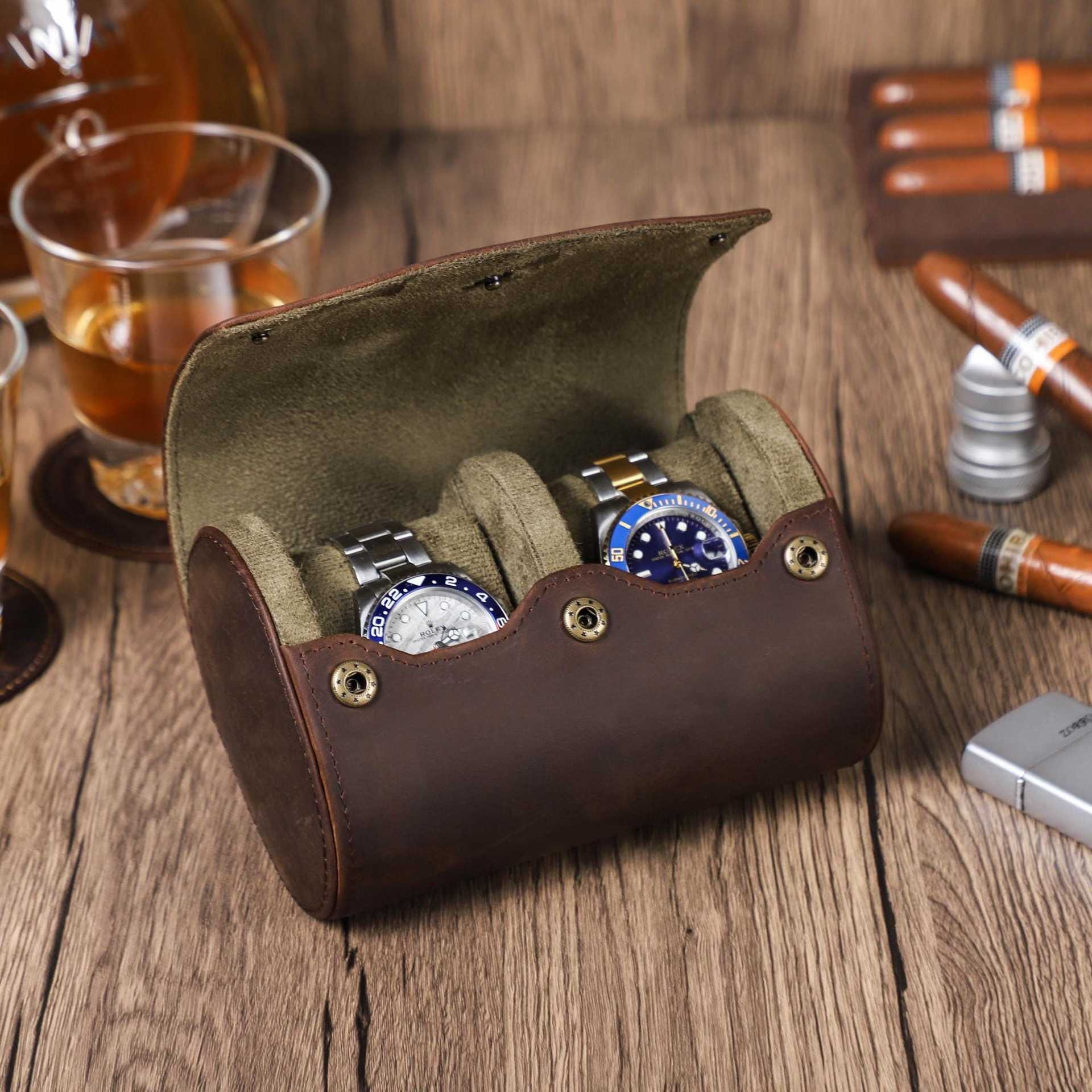 Vintage Crazy Horse Leather Watch Box, Single Compartment Genuine Leather Watch Case, Portable Watch Gift Box