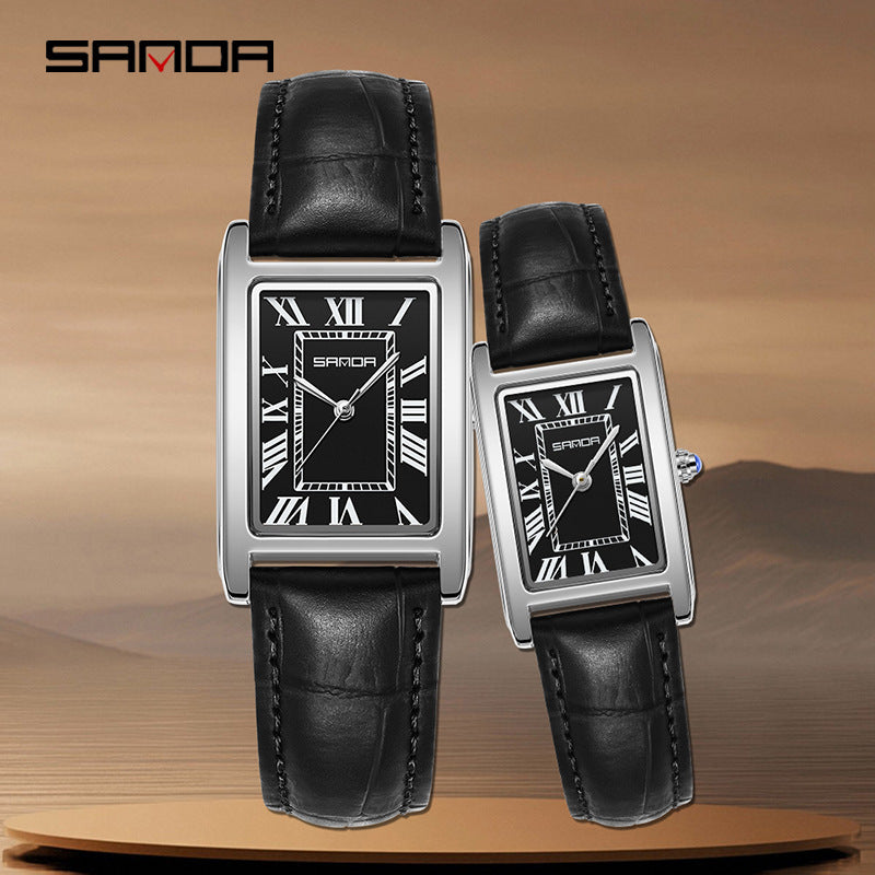 SANDA New Couple Watches Square Waterproof Quartz Watches Minimalist Three-Hand Roman Dial Men's and Women's Wristwatches