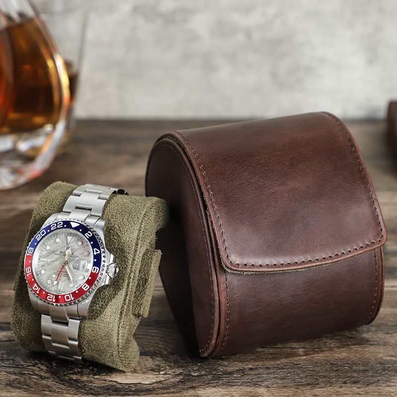 Vintage Crazy Horse Leather Watch Box, Single Compartment Genuine Leather Watch Case, Portable Watch Gift Box