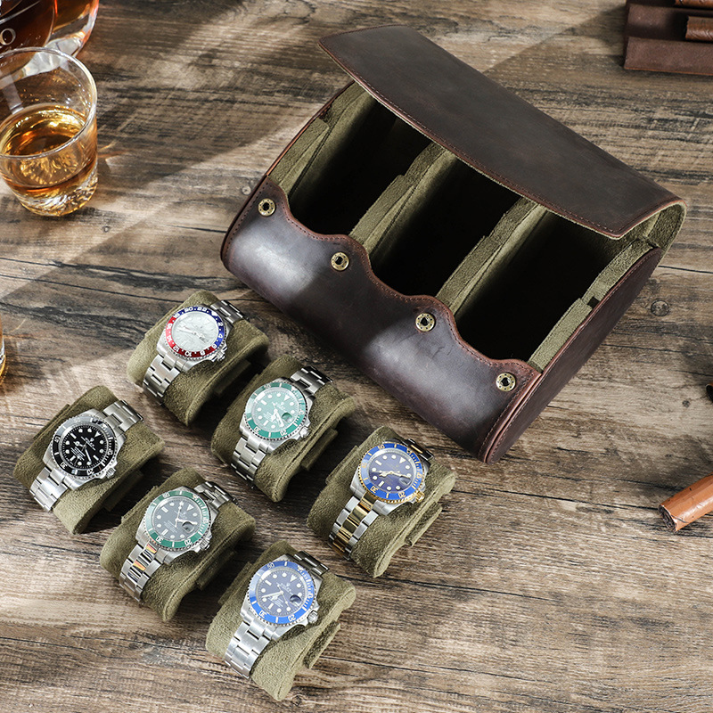 Vintage Crazy Horse Leather Watch Box, Single Compartment Genuine Leather Watch Case, Portable Watch Gift Box